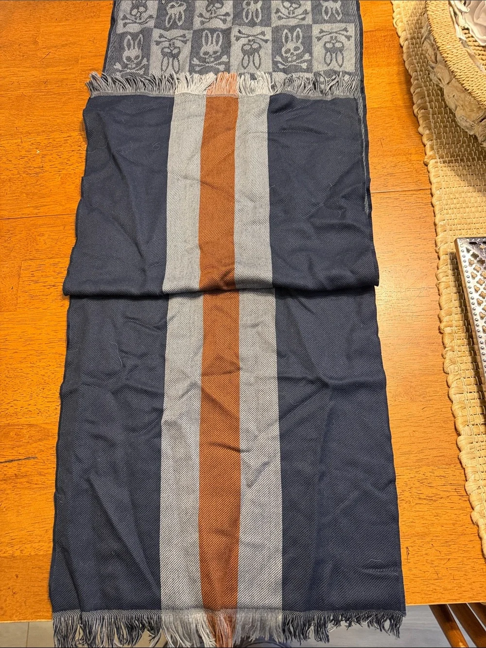 Psycho Bunny Navy & Gray Check Skull Fringe Scarf with Brown Accent